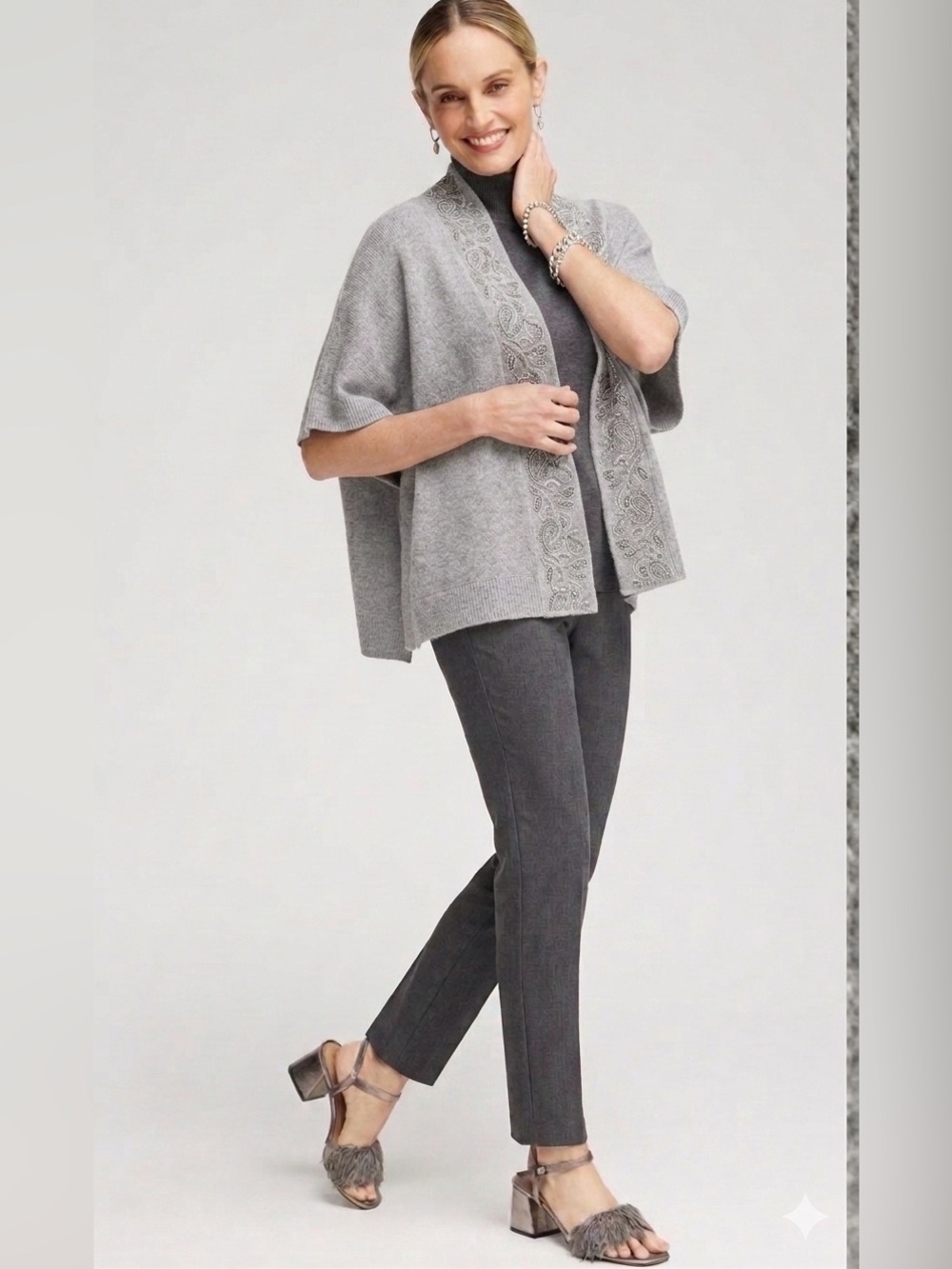 Chico's Light Gray Embellished Placket Open-Front Sweater